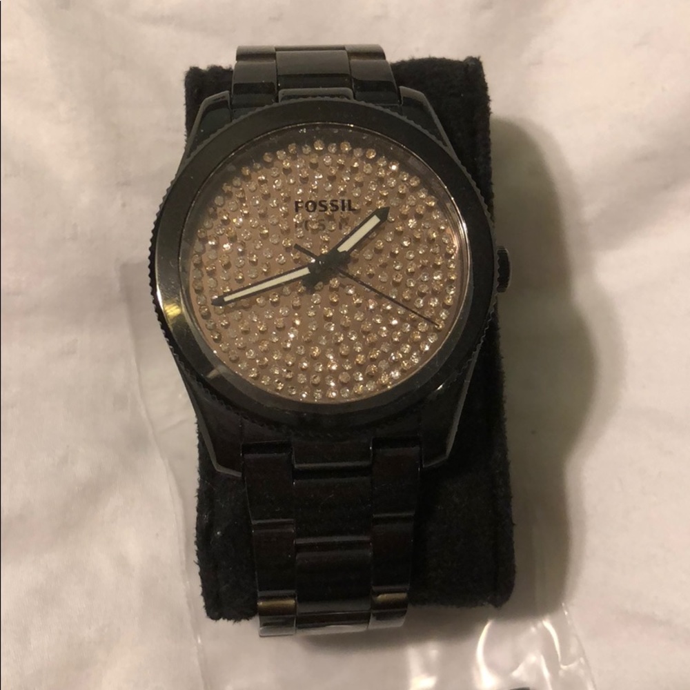 Fossil rose gold quartz and black stainless steel